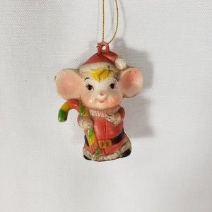 Vintage Christmas Ornament Mouse Dressed As‎ Santa Claus Holding Candy Cane 2"
